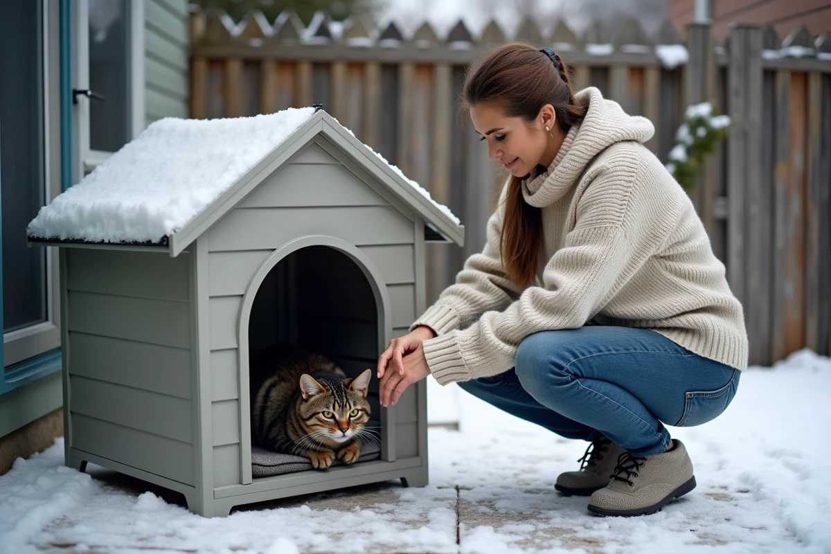 Femme installant un coussin chauffant dans un abri pour chat extérieur sous la neige