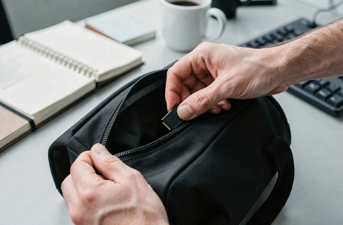 Gros plan sur l'installation incorrecte d'une micropuce GPS dans un sac, erreur fréquente rendant le suivi inutile