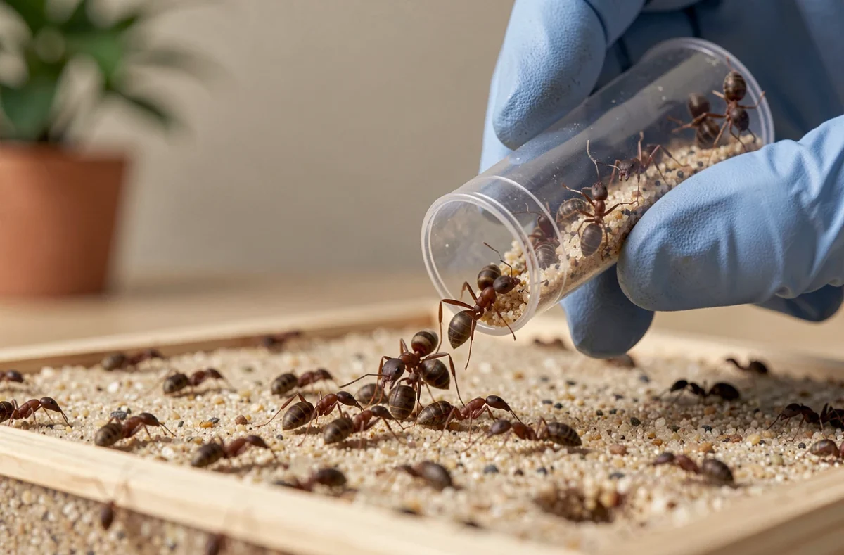 Gros plan de fourmis vivantes introduites dans un formicarium en sable avec tube de transport tenu à la main gantée