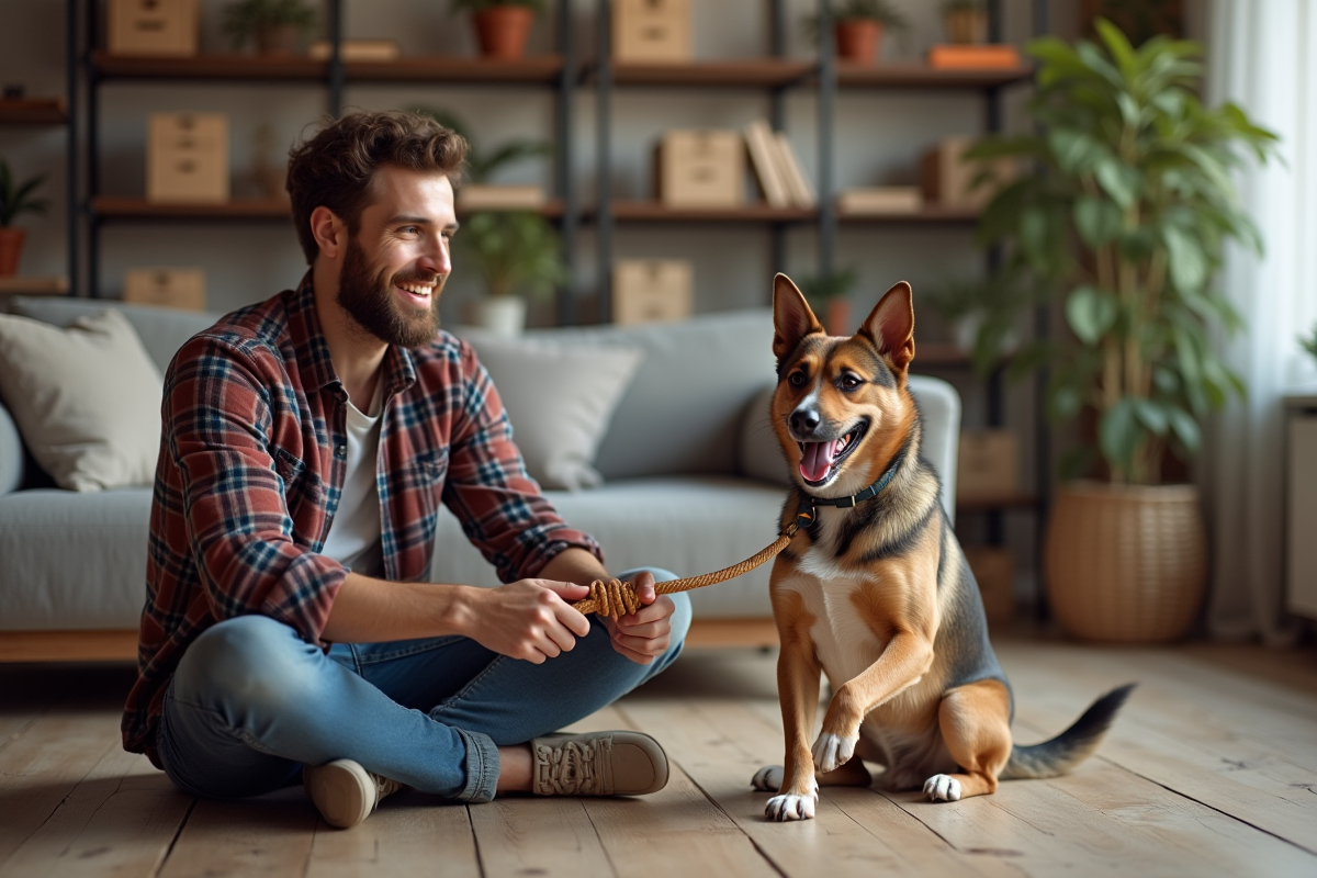 Homme jouant avec son chien dans un salon chaleureux