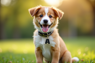 Jeune chiot souriant avec collier brillant dans un parc ensoleille