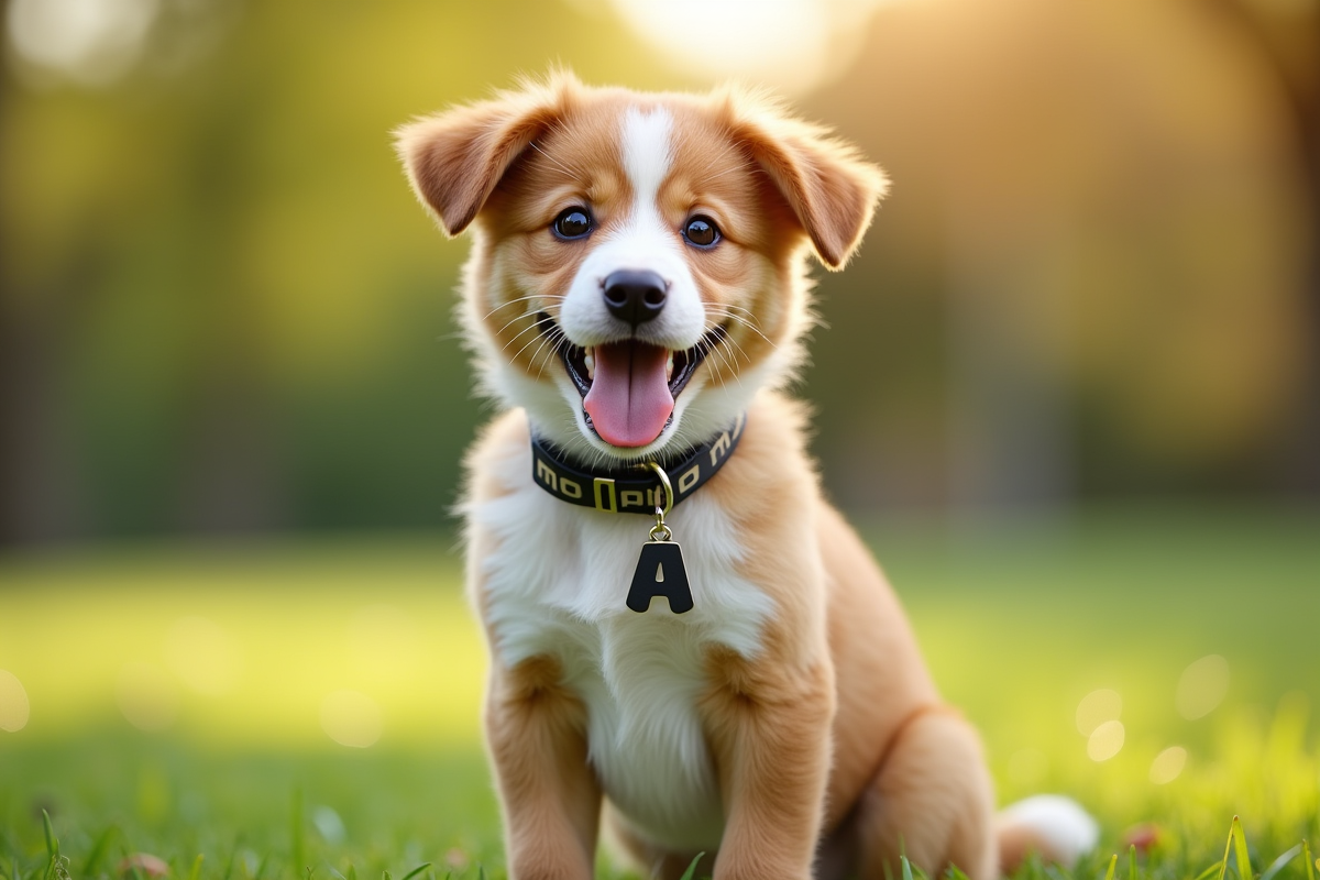 Jeune chiot souriant avec collier brillant dans un parc ensoleille