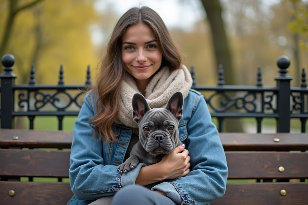 Jeune femme avec bulldog bleu dans un parc parisien