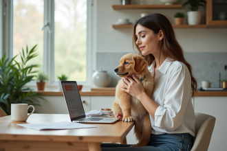 Jeune femme avec un chiot golden retriever dans la cuisine
