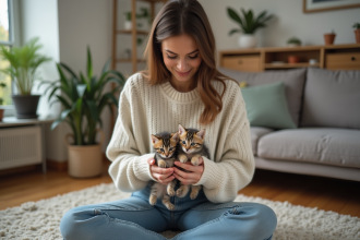 Jeune femme tenant trois chatons dans un salon chaleureux