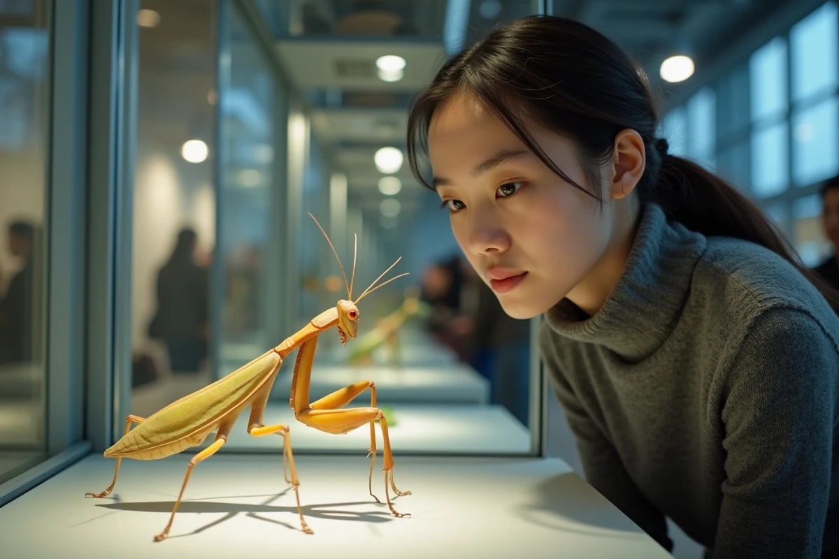 Jeune femme observant une mantis dans une vitrine d