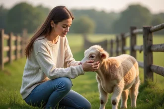 Jeune femme caressant une mini vache dans un pré paisible