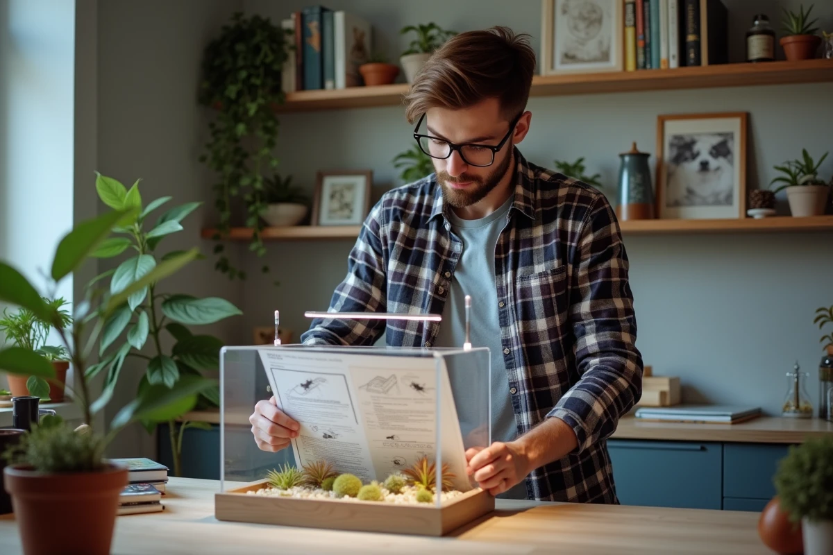 Jeune homme en plaid assemblant un kit d