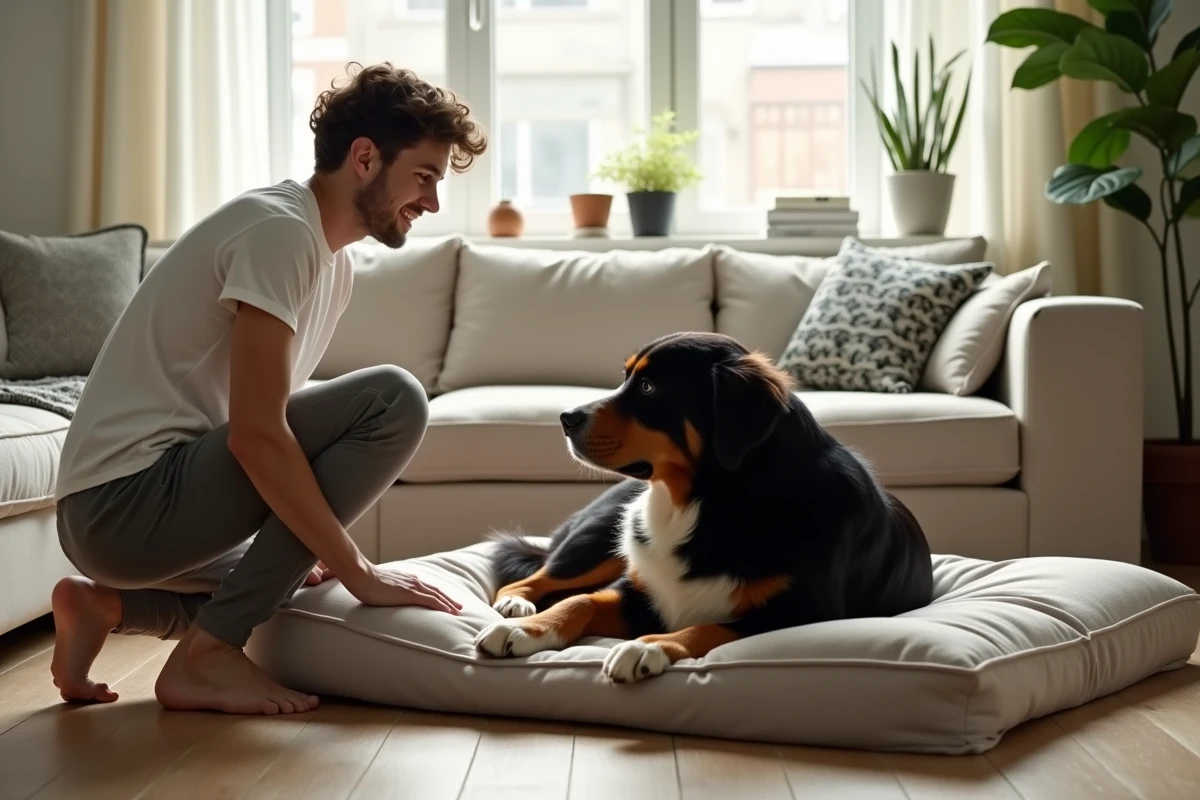 Jeune homme encourageant un chien bernese sur un lit dans un appartement lumineux