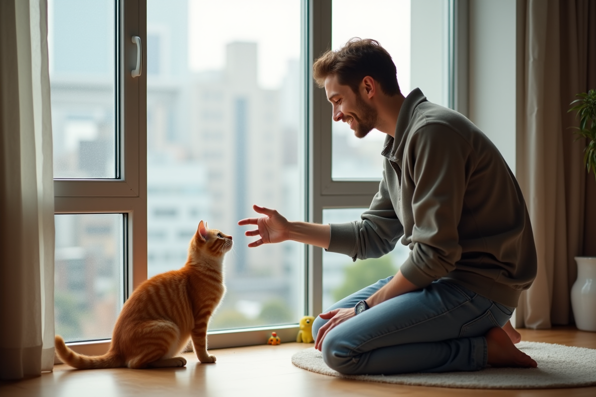Jeune homme offrant une main à un chat roux près d