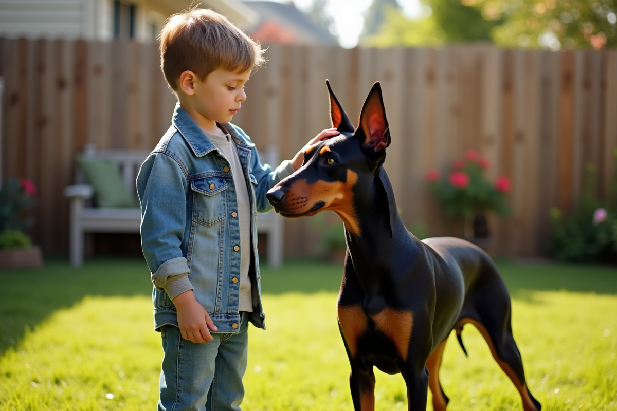 Jeune homme caressant un dobermann dans le jardin