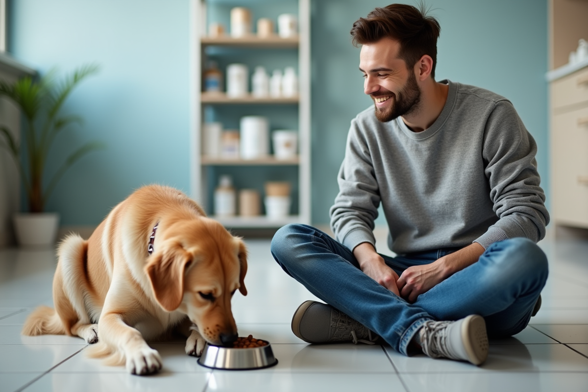 Jeune homme avec un chien dans une clinique vétérinaire