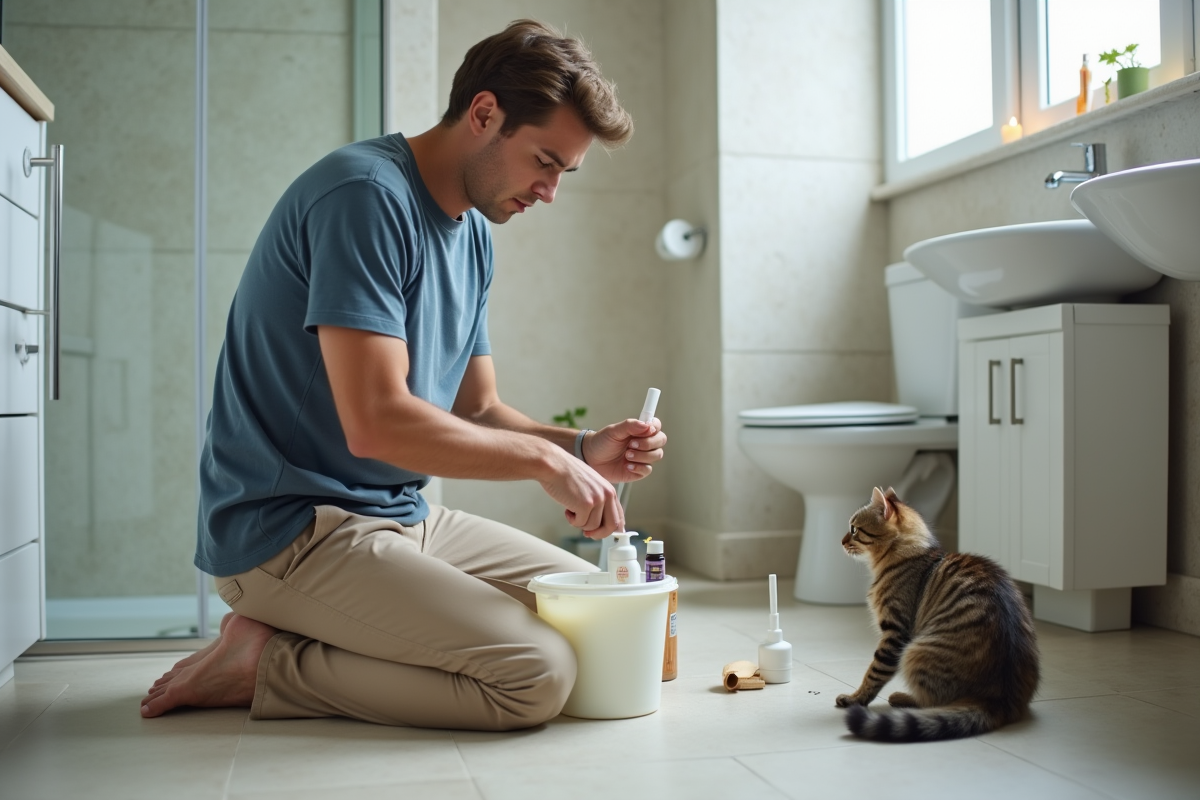 Jeune homme ajoutant des huiles dans un seau de nettoyage dans la salle de bain