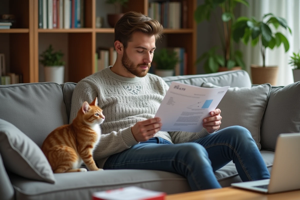Jeune homme lisant une brochure avec son chat à la maison