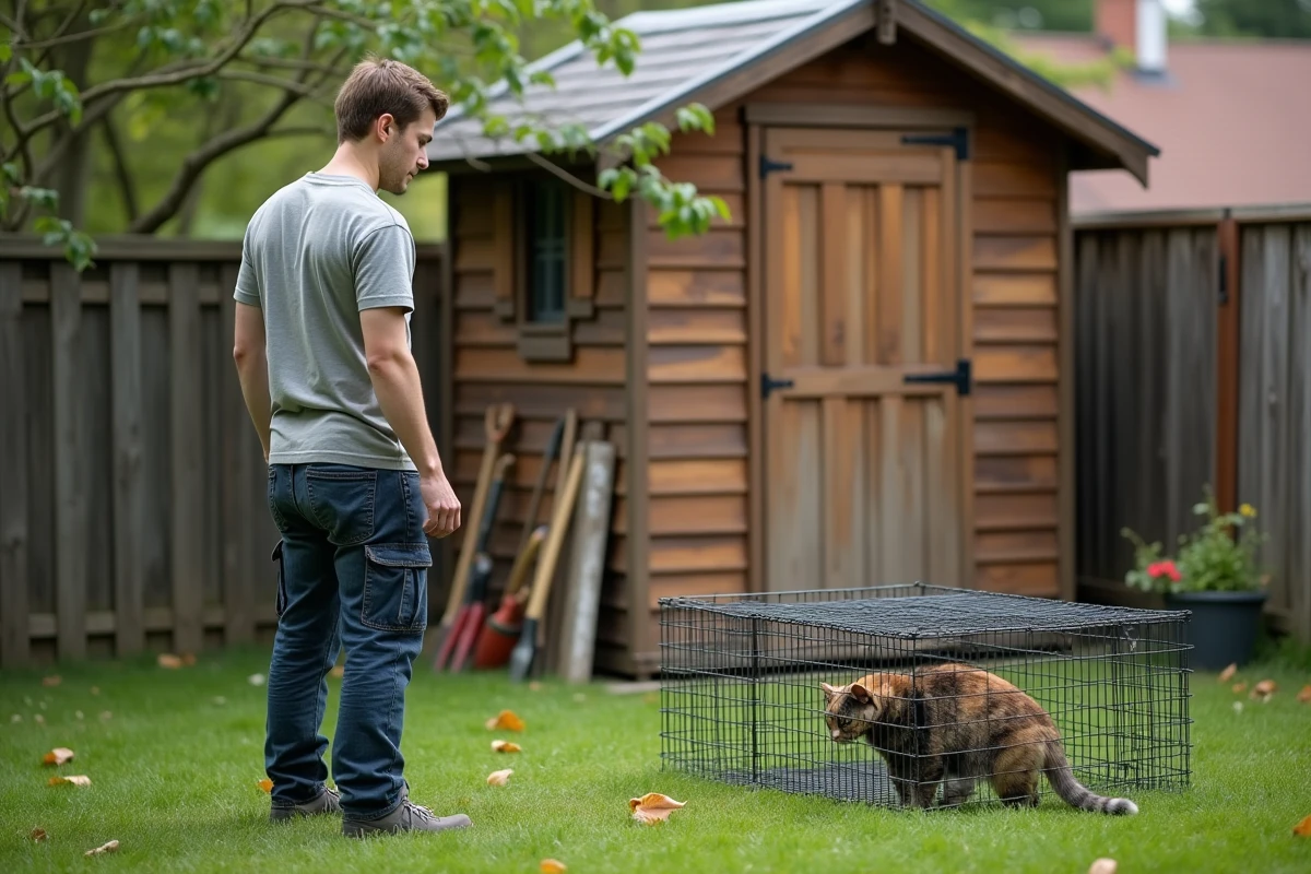 Jeune homme surveillant un chat dans le jardin