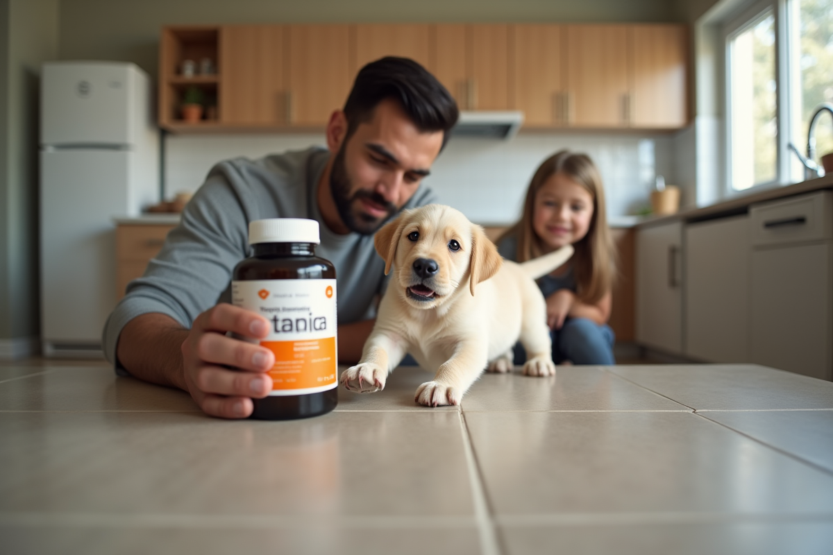 Chiot labrador joue avec famille dans la cuisine