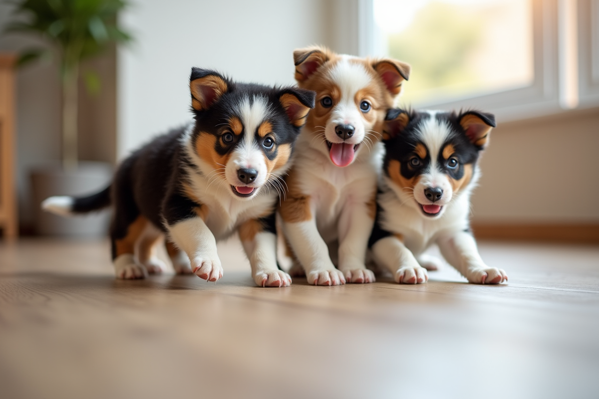 Groupe de chiots Australian Shepherd jouant en intérieur