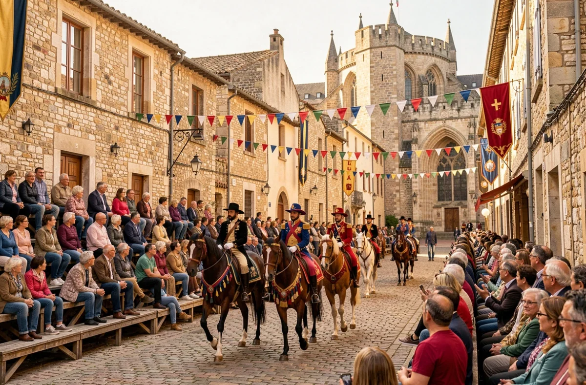 Défilé de cavaliers costumés dans les rues historiques de La Réole lors des Journées du Cheval