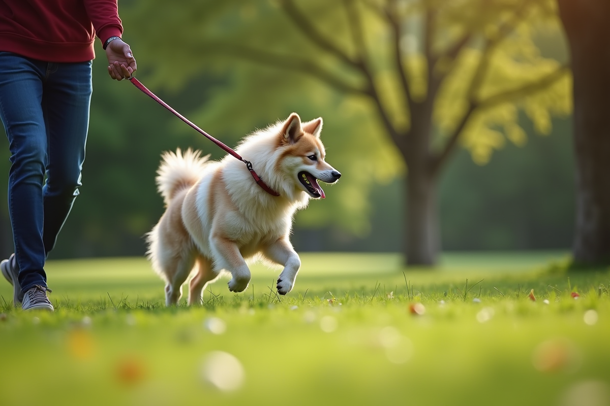 Keeshond en plein effort dans un parc vert avec son propriétaire