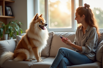 Keeshond assis sur un canapé dans un salon lumineux