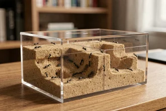 Kit fourmilière transparent avec colonie de fourmis noires et réseau de tunnels visible posé sur un bureau en bois