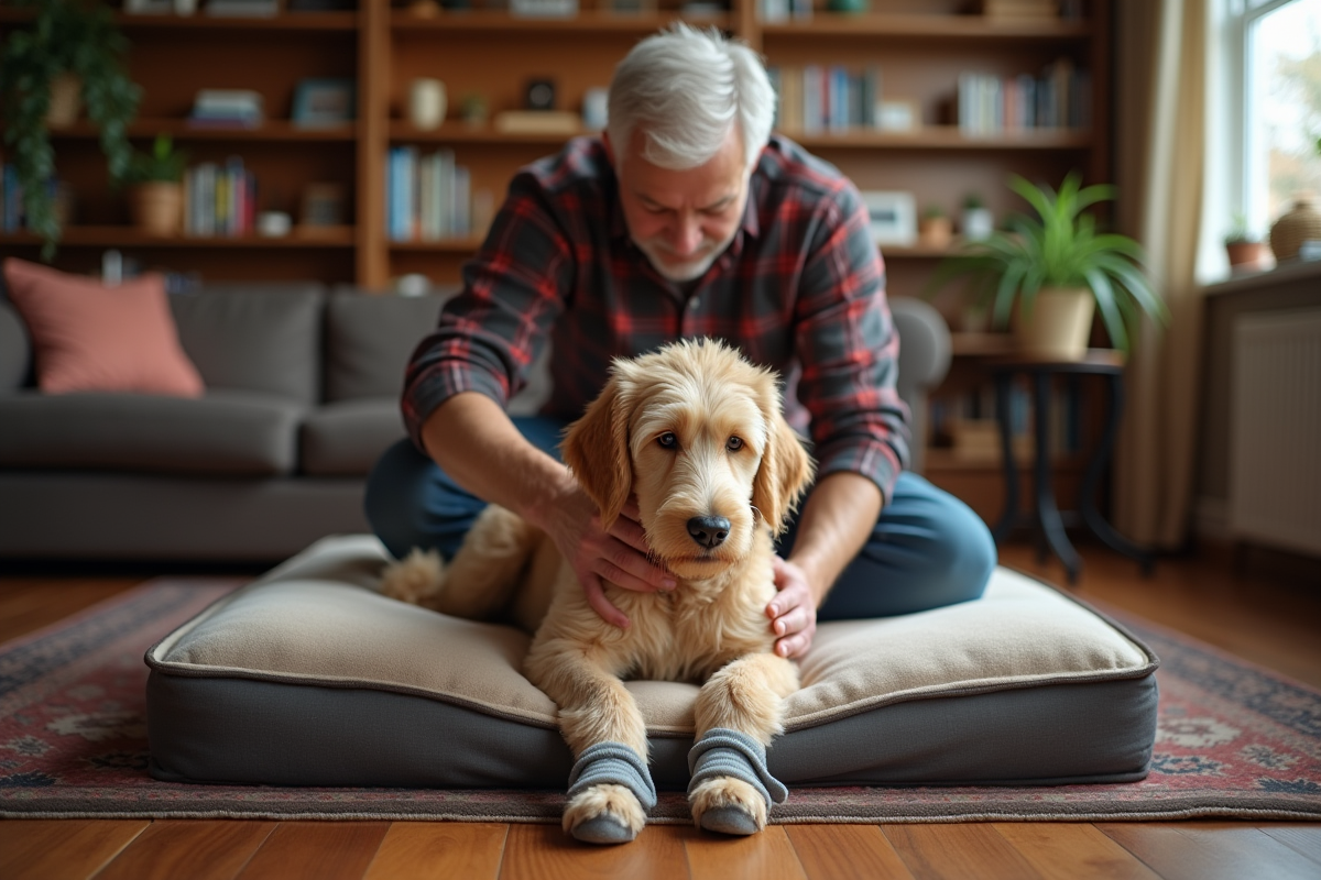 Labradoodle âgé reposant sur un lit orthopédique