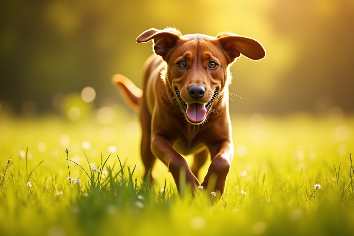 Labrador américain courant dans un champ ensoleillé