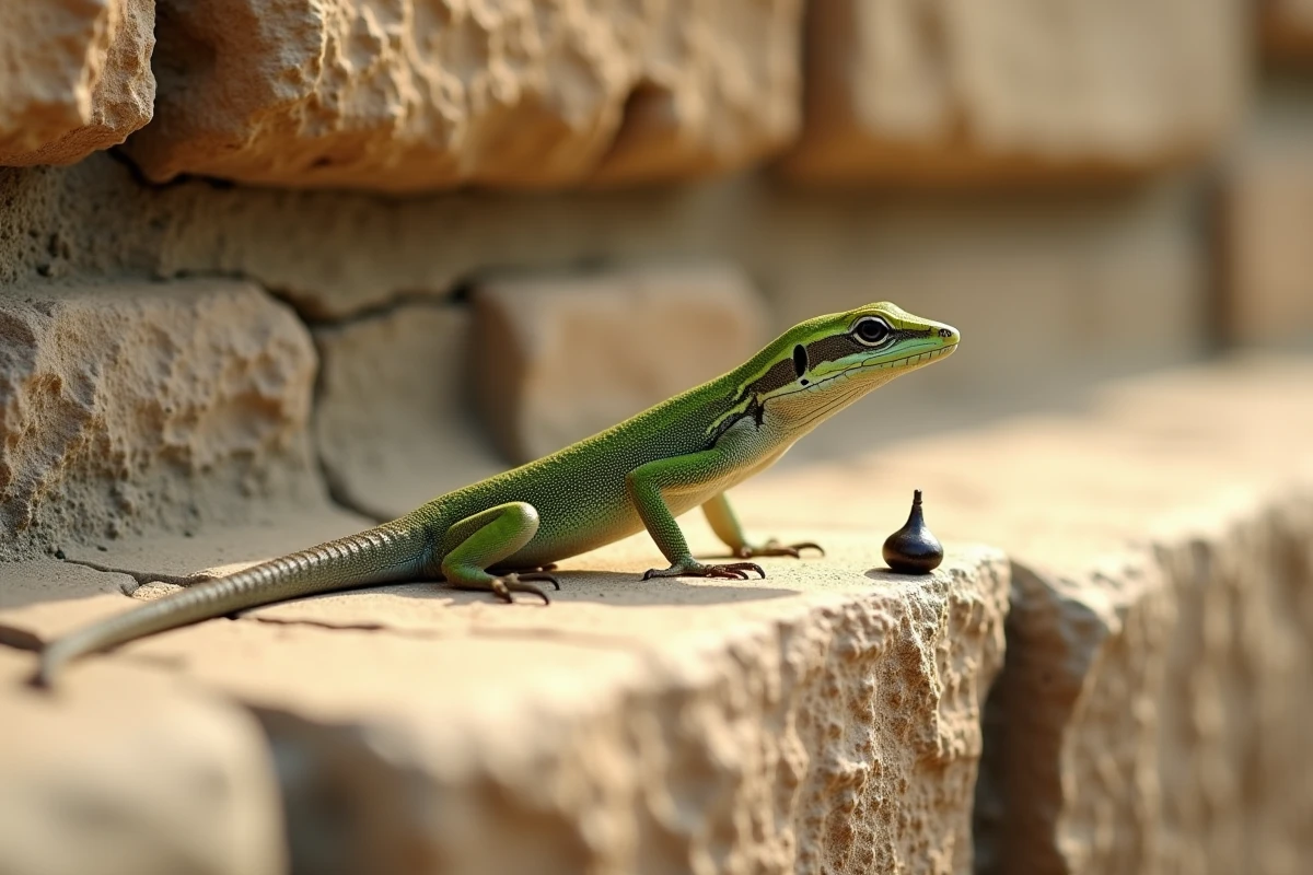 Lézard des murailles à côté de sa crotte sur un mur en béton fissuré, avec pointe blanche caractéristique