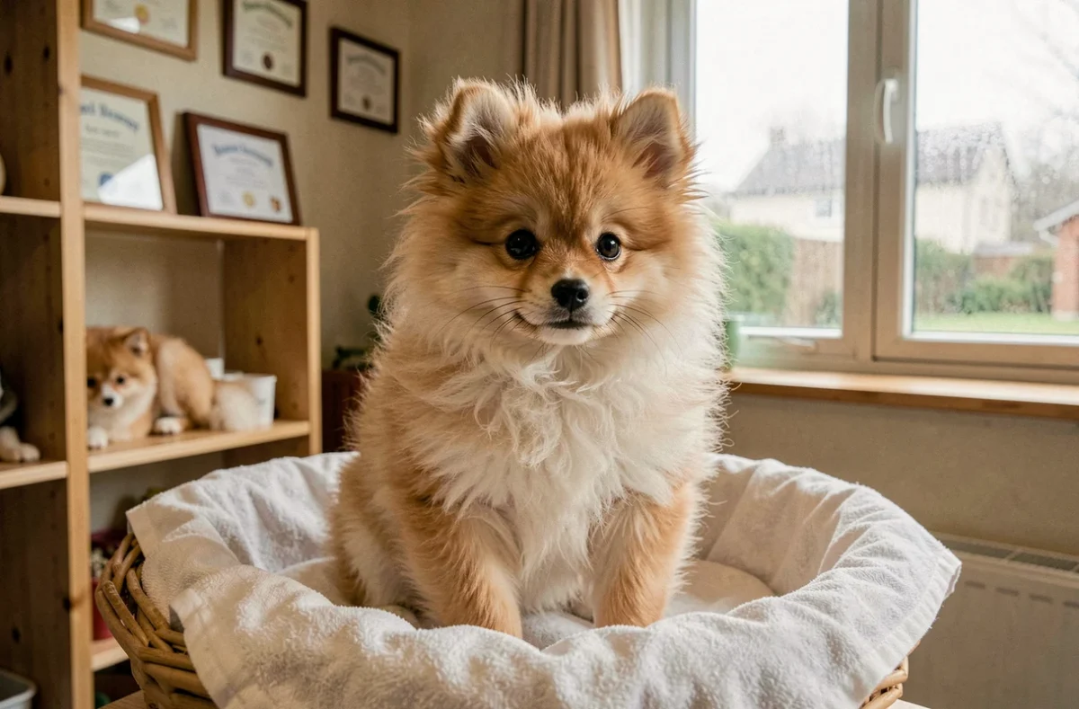 Chiot Loulou de Poméranie duveteux assis dans un panier en osier à l'élevage La Cité des Mandragores à Tremblay-en-France