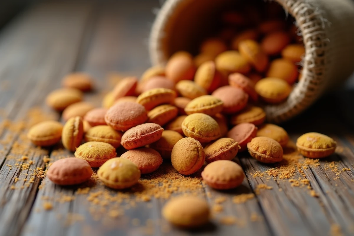 Macro photographie de croquettes pour chien de mauvaise qualité montrant colorants artificiels et résidus gras sur bois