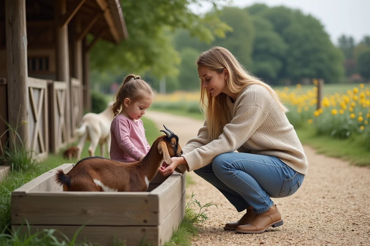Maman et fille nourrissant des chèvres dans une ferme