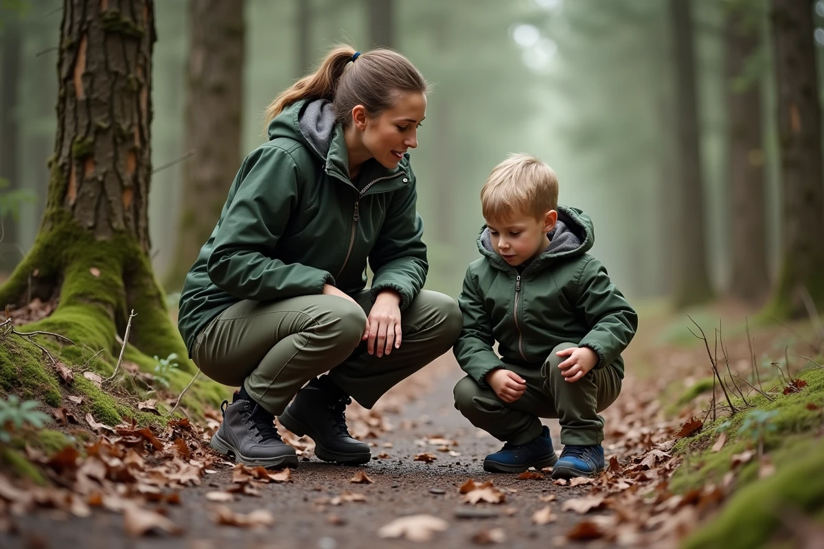 Maman et enfant observant des traces dans la forêt