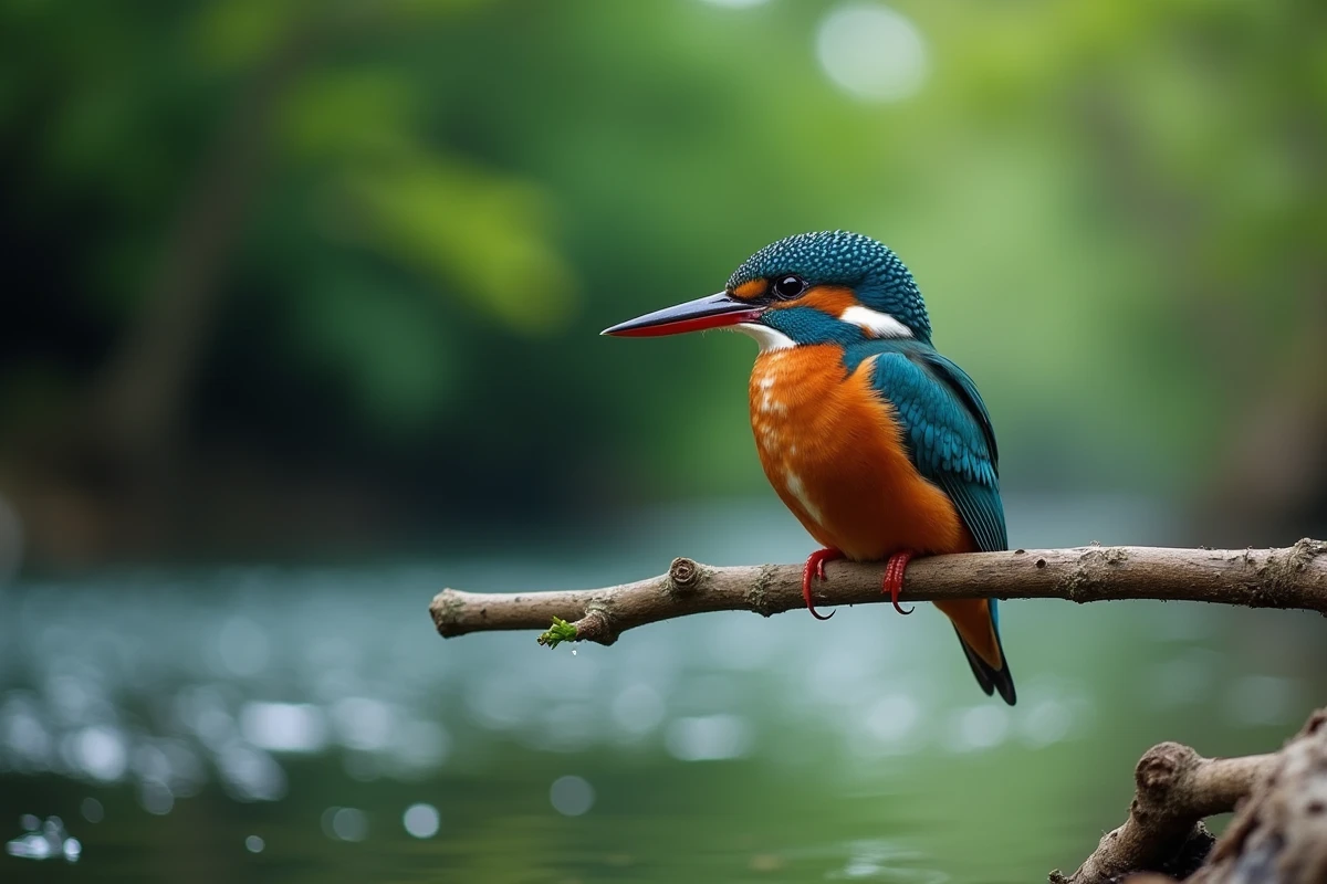 Martin-pêcheur aux plumes turquoise et orange vif perché au-dessus d'une rivière claire, illustrant la richesse symbolique des oiseaux colorés dans les cultures du monde