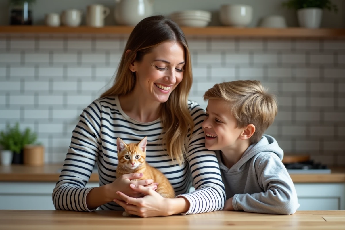 Mère et fils tenant un chaton roux de 3 mois dans une cuisine familiale, adoption féline à Rennes