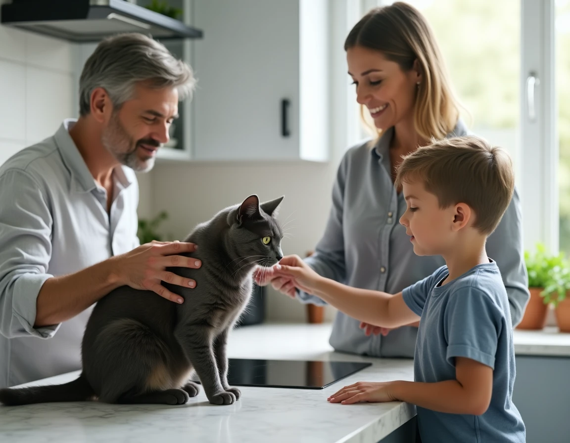Mère supervisant son enfant lors d'une première interaction encadrée et sécurisée avec un chat Bleu Russe dans la cuisine