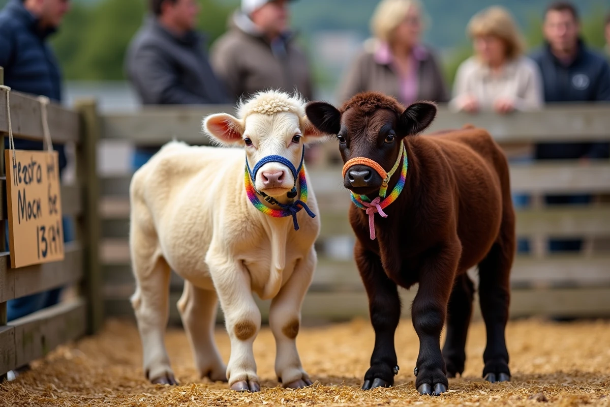 Deux mini vaches de compagnie exposées dans un enclos de foire agricole avec panneau de prix visible