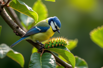 Mésange bleue sur une branche d'arbre à pommes observant un chenille vert