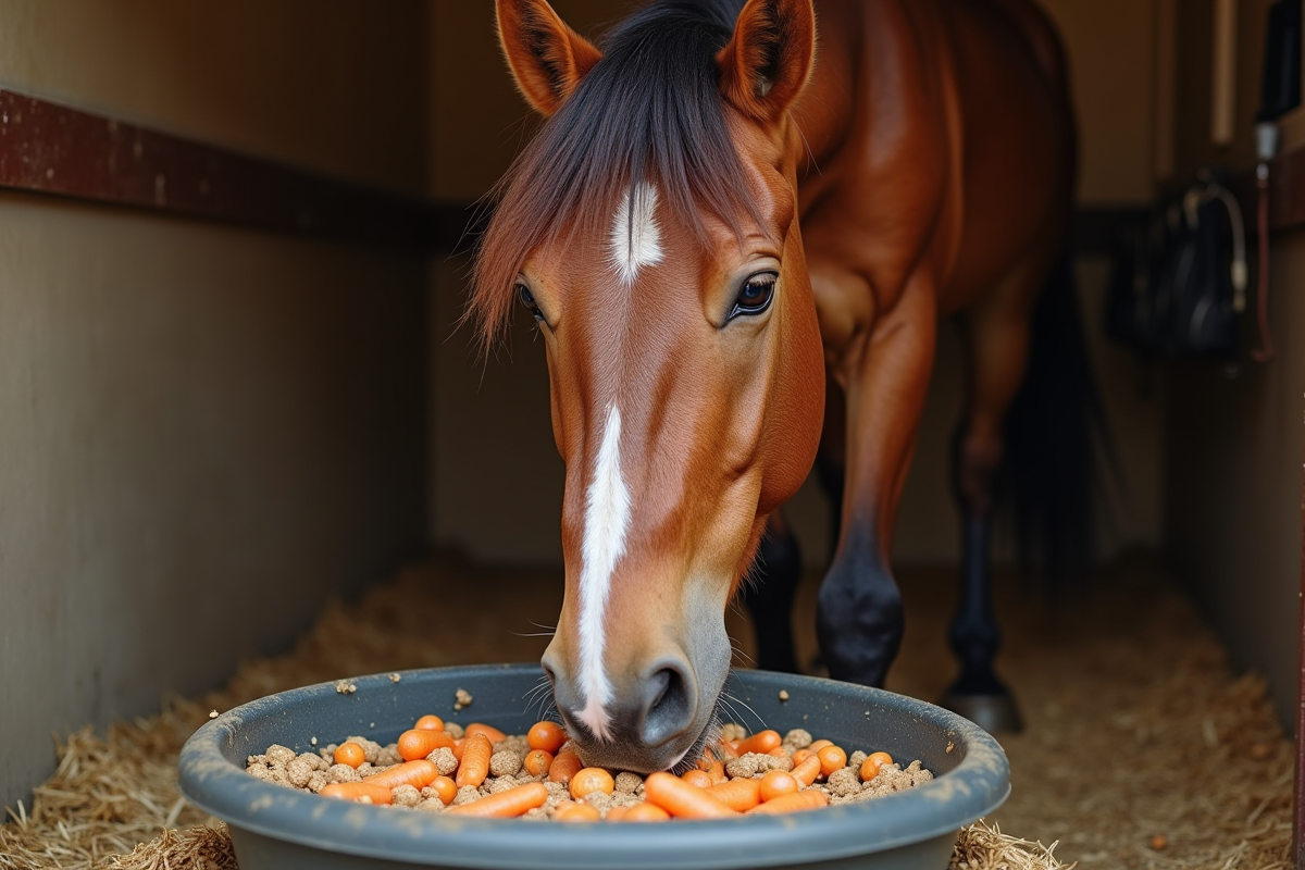 Tête de cheval mangeant dans une mangeoire propre