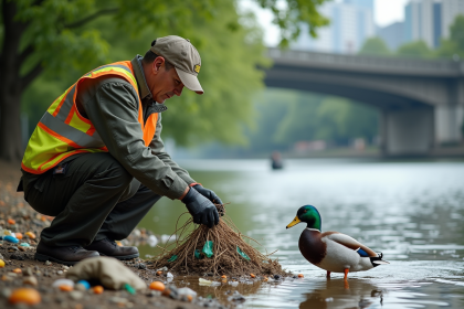 Agent de propreté ramasse des déchets plastiques près d'un canard