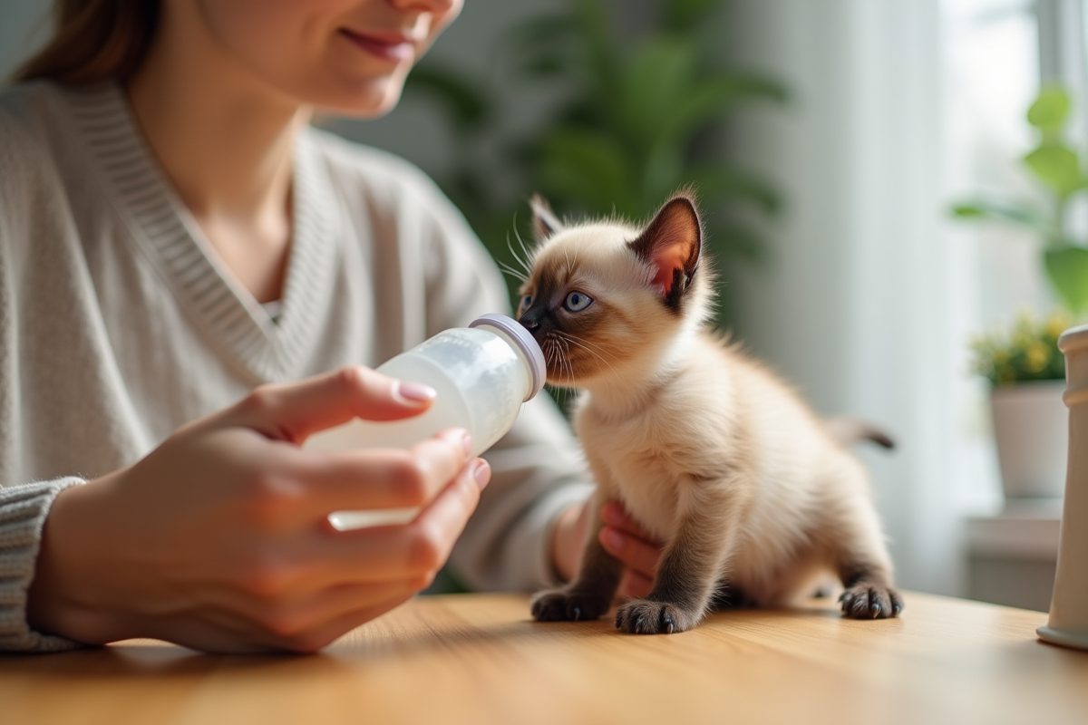 Personne donnant le biberon à un chaton siamois