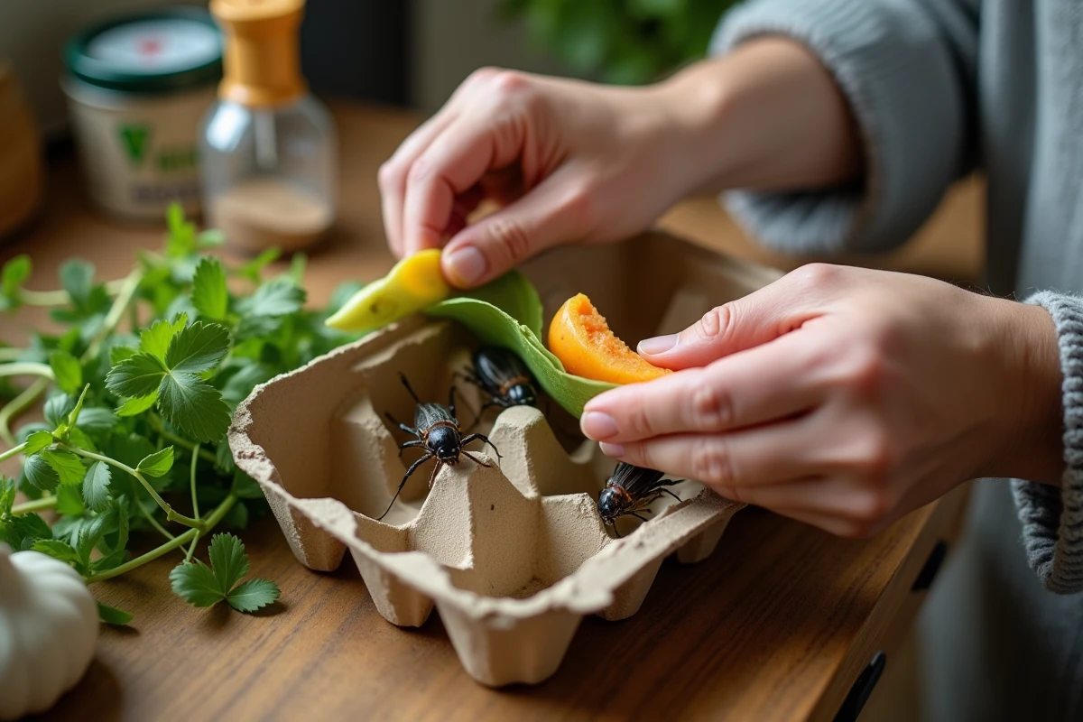 Mains d'un éleveur nourrissant des grillons en vivarium avec des feuilles de pissenlit et de la patate douce fraîche