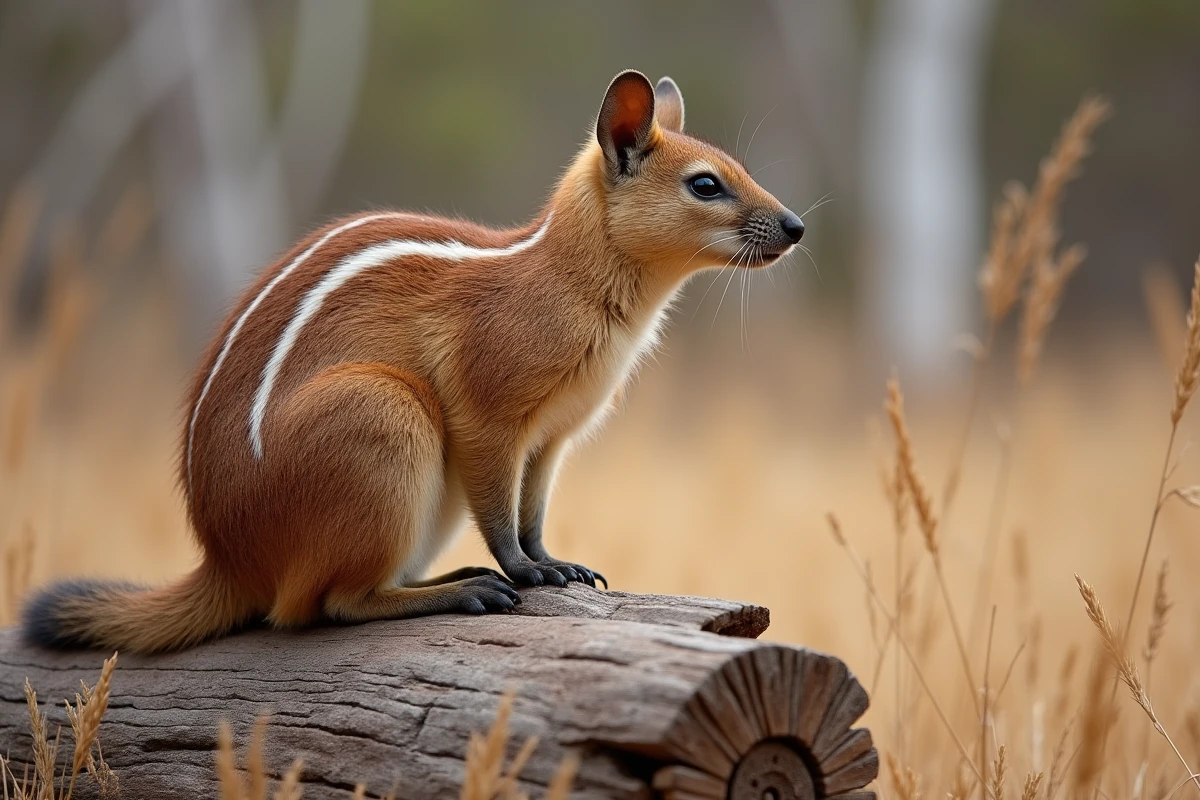 Numbat australien au pelage rayé posé sur une bûche d'eucalyptus dans une forêt sèche, animal en N pour devoirs scolaires