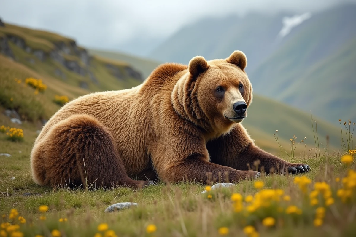 Ours kodiak au repos dans une prairie d'Alaska en été, sa masse corporelle impressionnante illustrant les records de poids de l'espèce