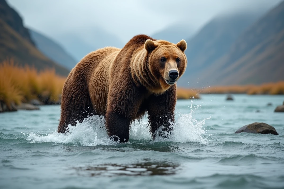 Ours kodiak de grande taille traversant une rivière à saumons en Alaska, illustrant son poids et sa morphologie puissante