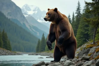 Ours kodiak debout sur ses pattes arrière dans la forêt sauvage de l'Alaska, montrant sa taille impressionnante et son poids record