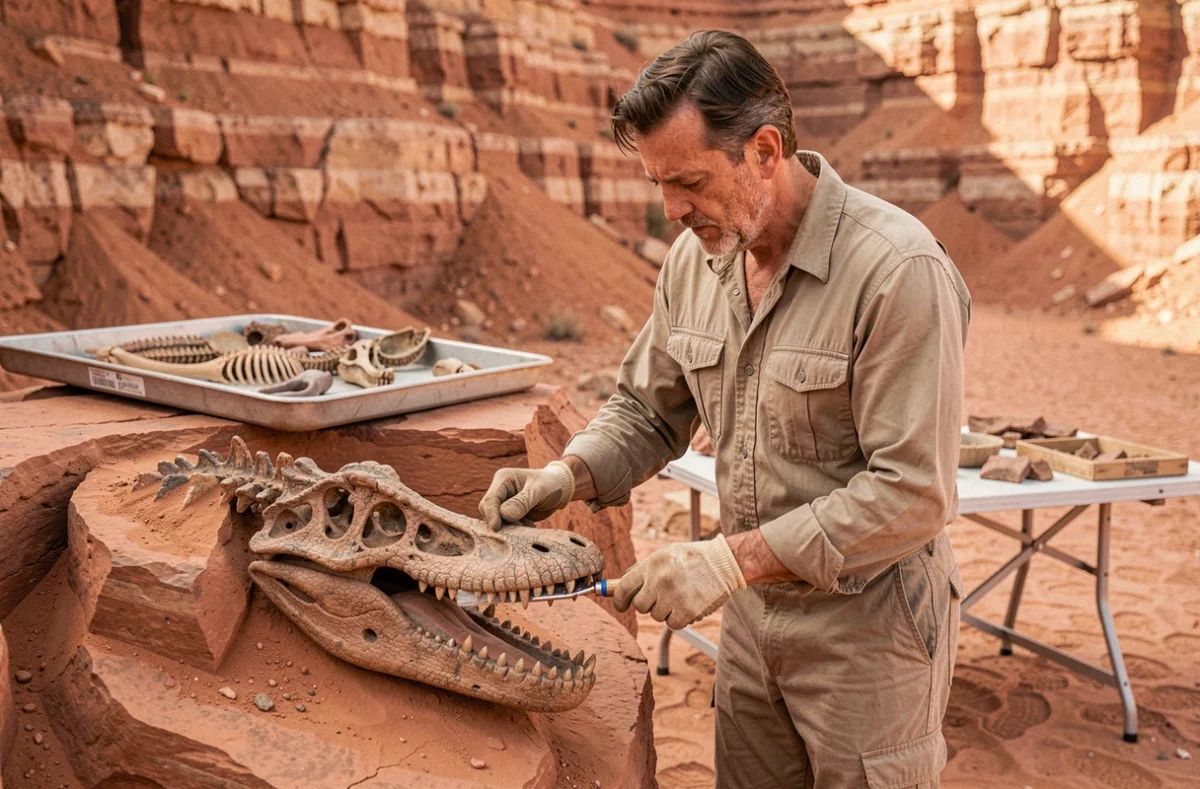 Paléontologue excavant une mâchoire fossile de Spinosaure dans un site de fouilles désertique aux strates rocheuses rougeâtres