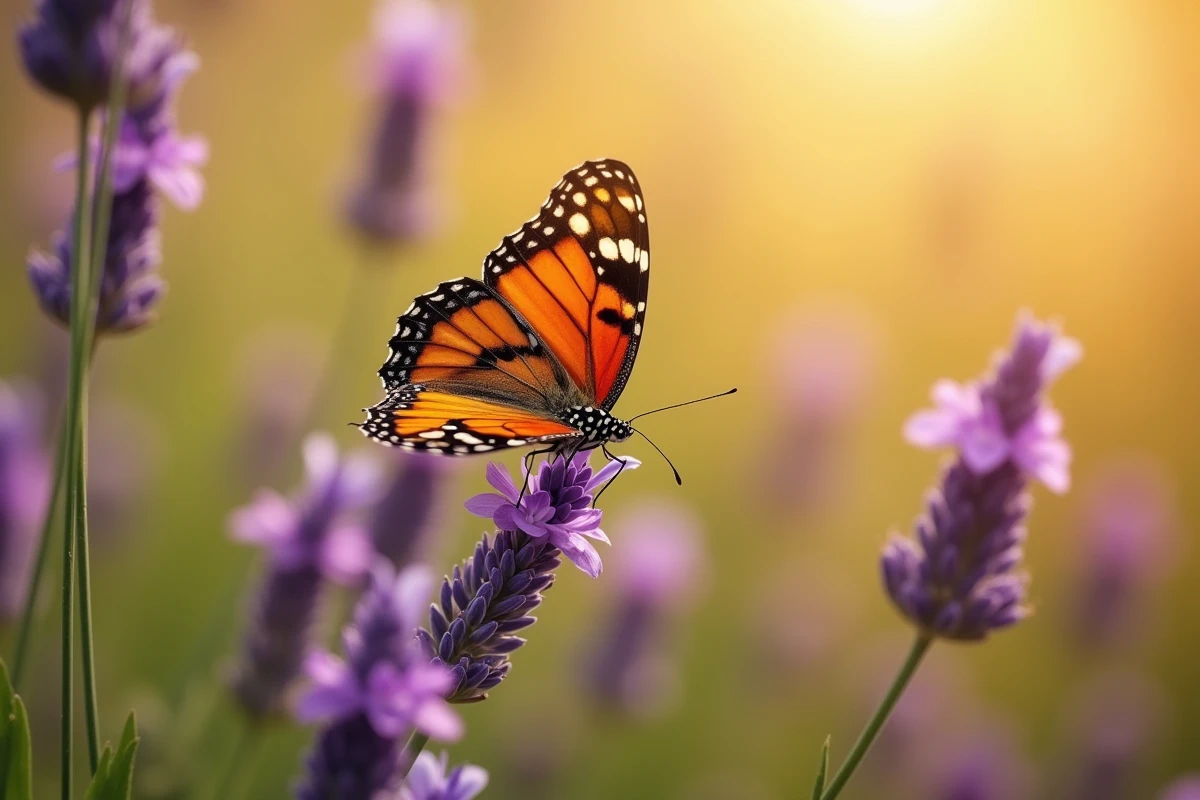 Papillon monarque posé sur des fleurs de lavande dans un champ, symbolisant la transformation spirituelle et l'âme dans la symbolique du papillon