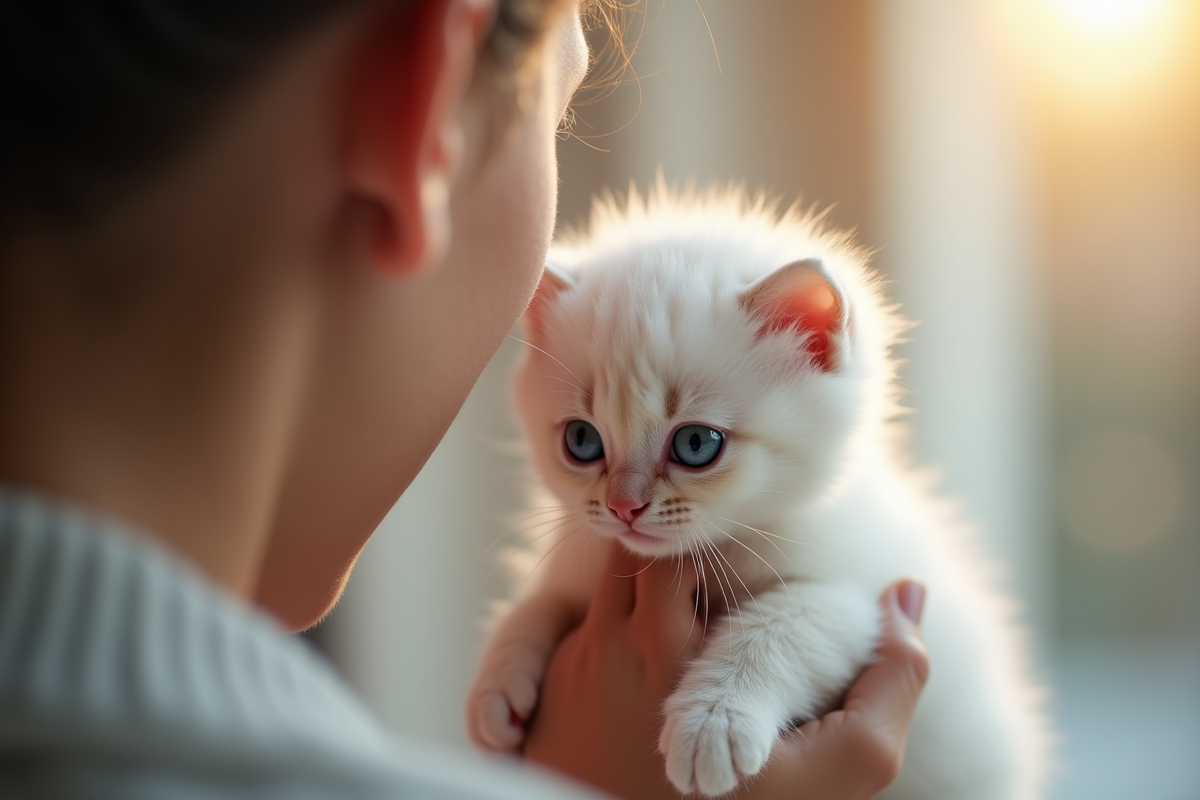 Personne tenant un chaton blanc près d une fenêtre lumineuse