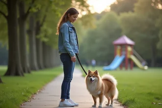 Mini Pomsky adulte avec sa propriétaire dans un parc urbain