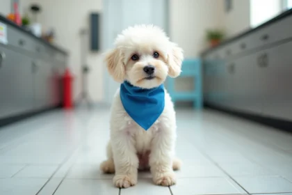 Chiot poodle blanc assis dans un salon de toilettage